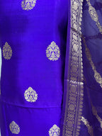 Elegant Blue Banarasi Pure Chiniya Silk Three Piece Unstitched Suit Set With Kora Silk Dupatta - Luxurion World