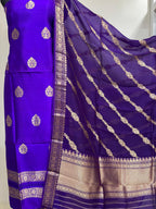 Elegant Blue Banarasi Pure Chiniya Silk Three Piece Unstitched Suit Set With Kora Silk Dupatta - Luxurion World