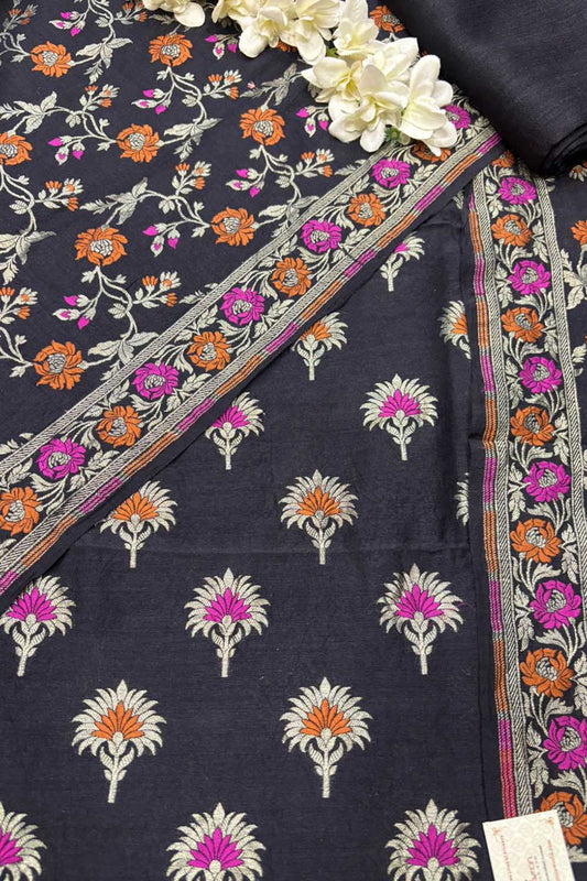 Exquisite Black Banarasi Pure Moonga Silk Unstitched Three Piece Suit Set - Luxurion World