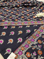 Exquisite Black Banarasi Pure Moonga Silk Unstitched Three Piece Suit Set - Luxurion World