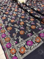 Exquisite Black Banarasi Pure Moonga Silk Unstitched Three Piece Suit Set - Luxurion World