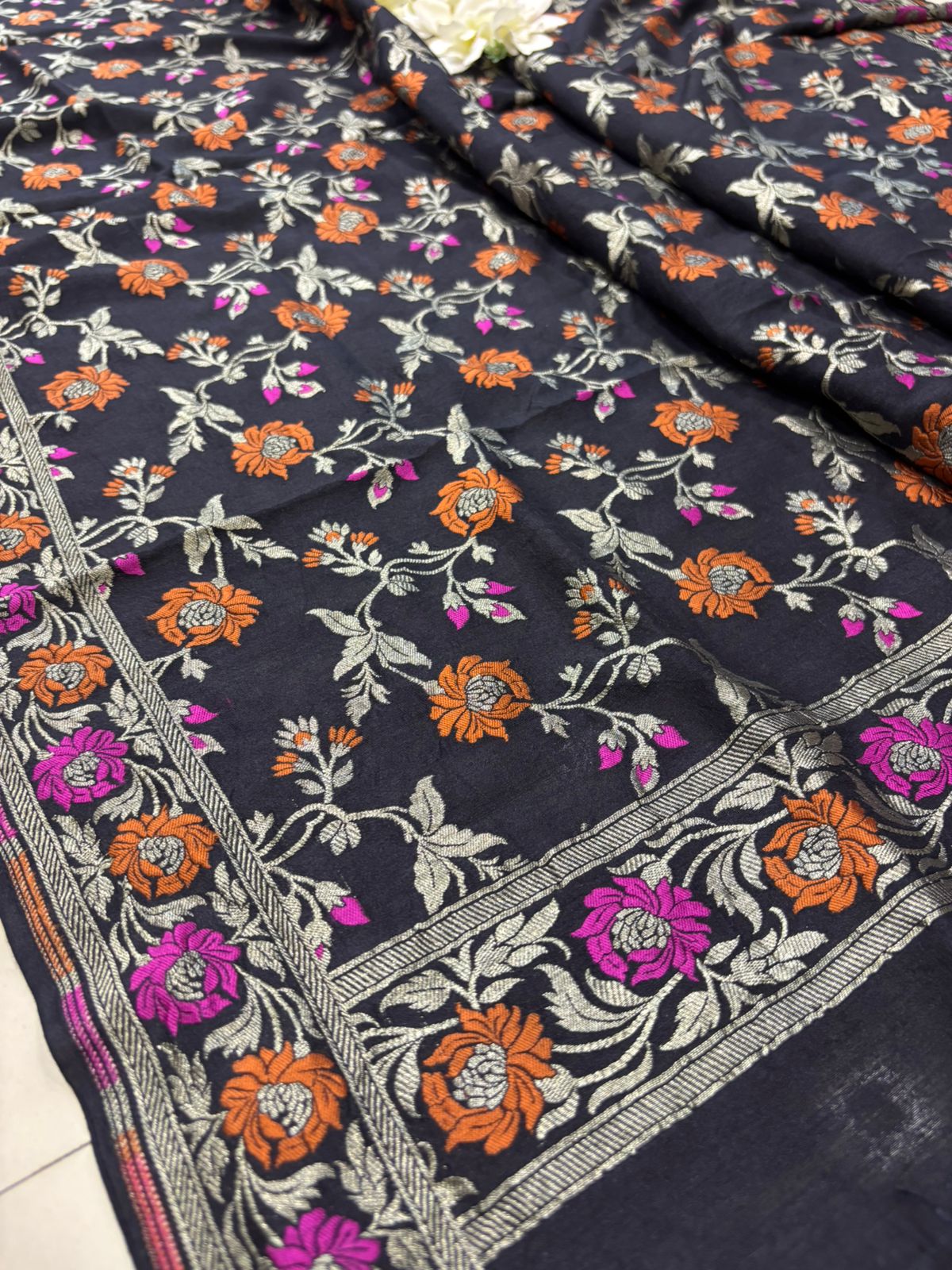 Exquisite Black Banarasi Pure Moonga Silk Unstitched Three Piece Suit Set - Luxurion World