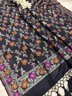 Exquisite Black Banarasi Pure Moonga Silk Unstitched Three Piece Suit Set - Luxurion World
