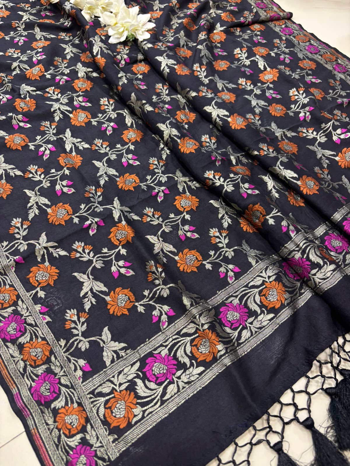 Exquisite Black Banarasi Pure Moonga Silk Unstitched Three Piece Suit Set - Luxurion World