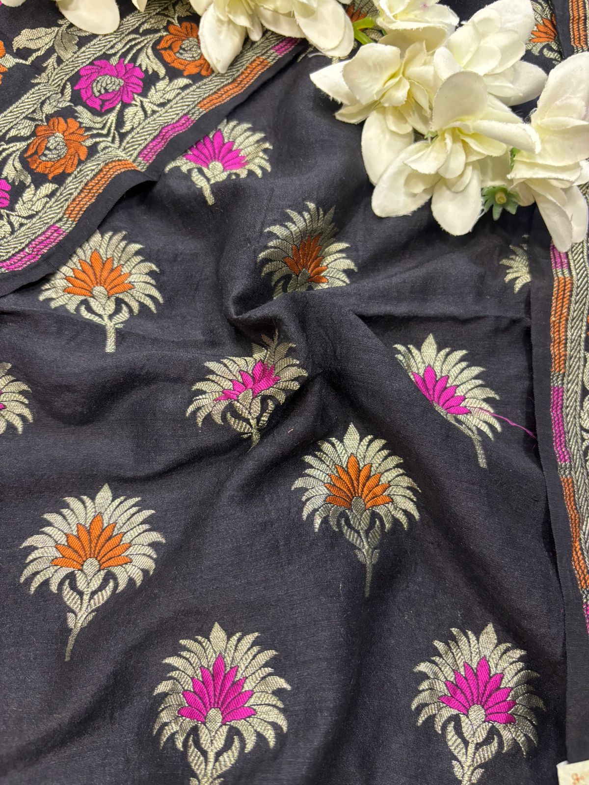 Exquisite Black Banarasi Pure Moonga Silk Unstitched Three Piece Suit Set - Luxurion World