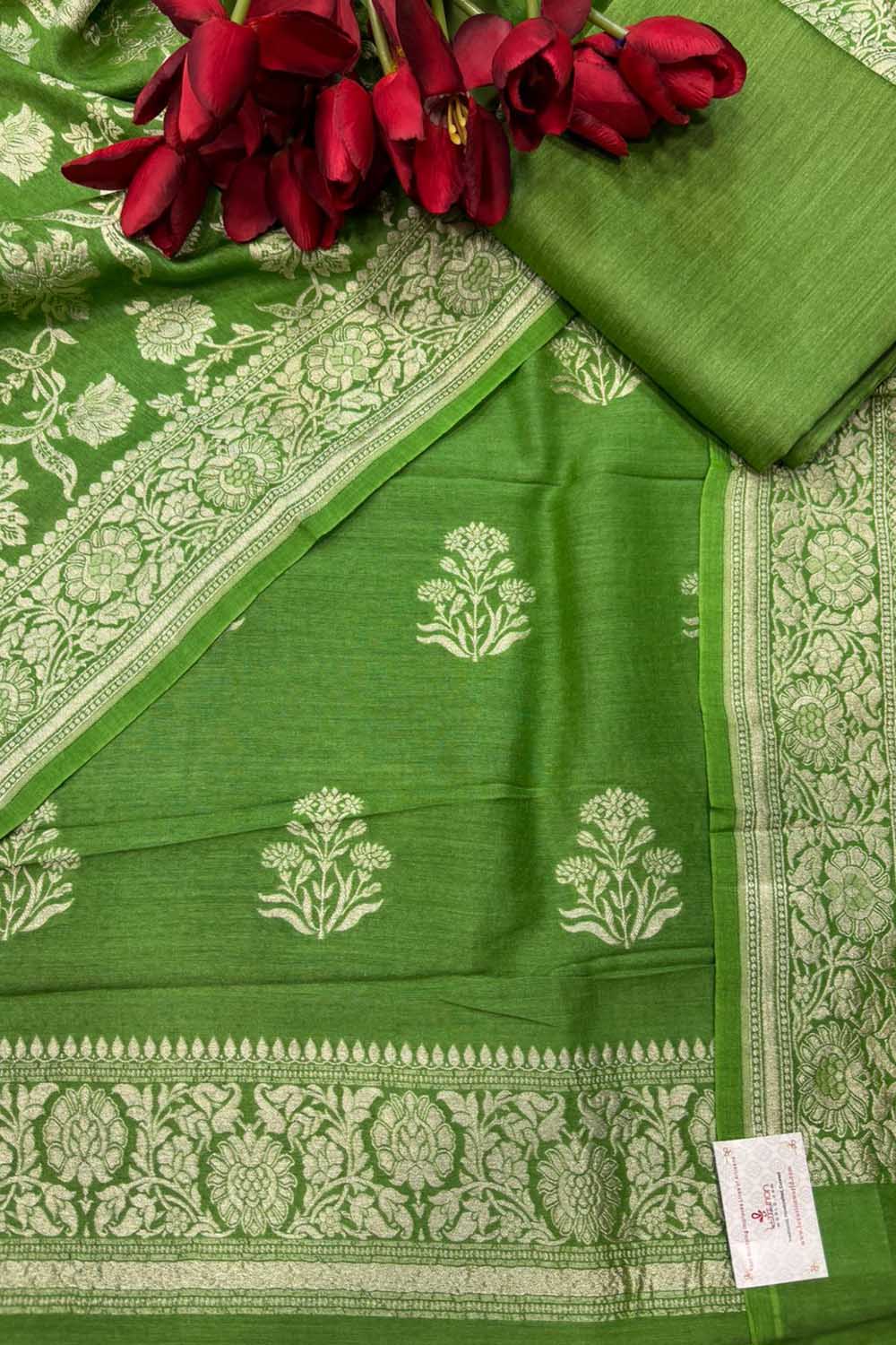 Green Banarasi Pure Moonga Silk Unstitched Three Piece Suit Set - Luxurion World