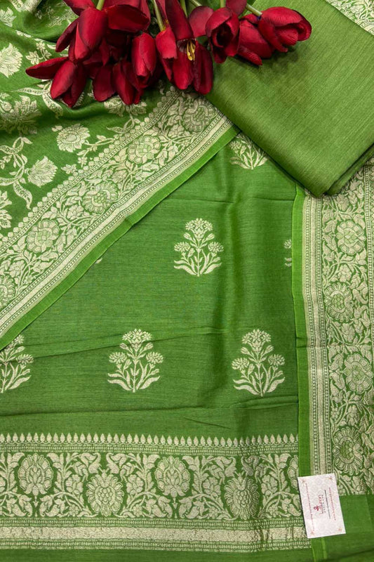 Green Banarasi Pure Moonga Silk Unstitched Three Piece Suit Set - Luxurion World