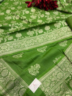 Green Banarasi Pure Moonga Silk Unstitched Three Piece Suit Set - Luxurion World