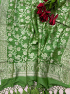 Green Banarasi Pure Moonga Silk Unstitched Three Piece Suit Set - Luxurion World