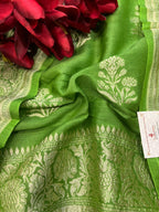 Green Banarasi Pure Moonga Silk Unstitched Three Piece Suit Set - Luxurion World