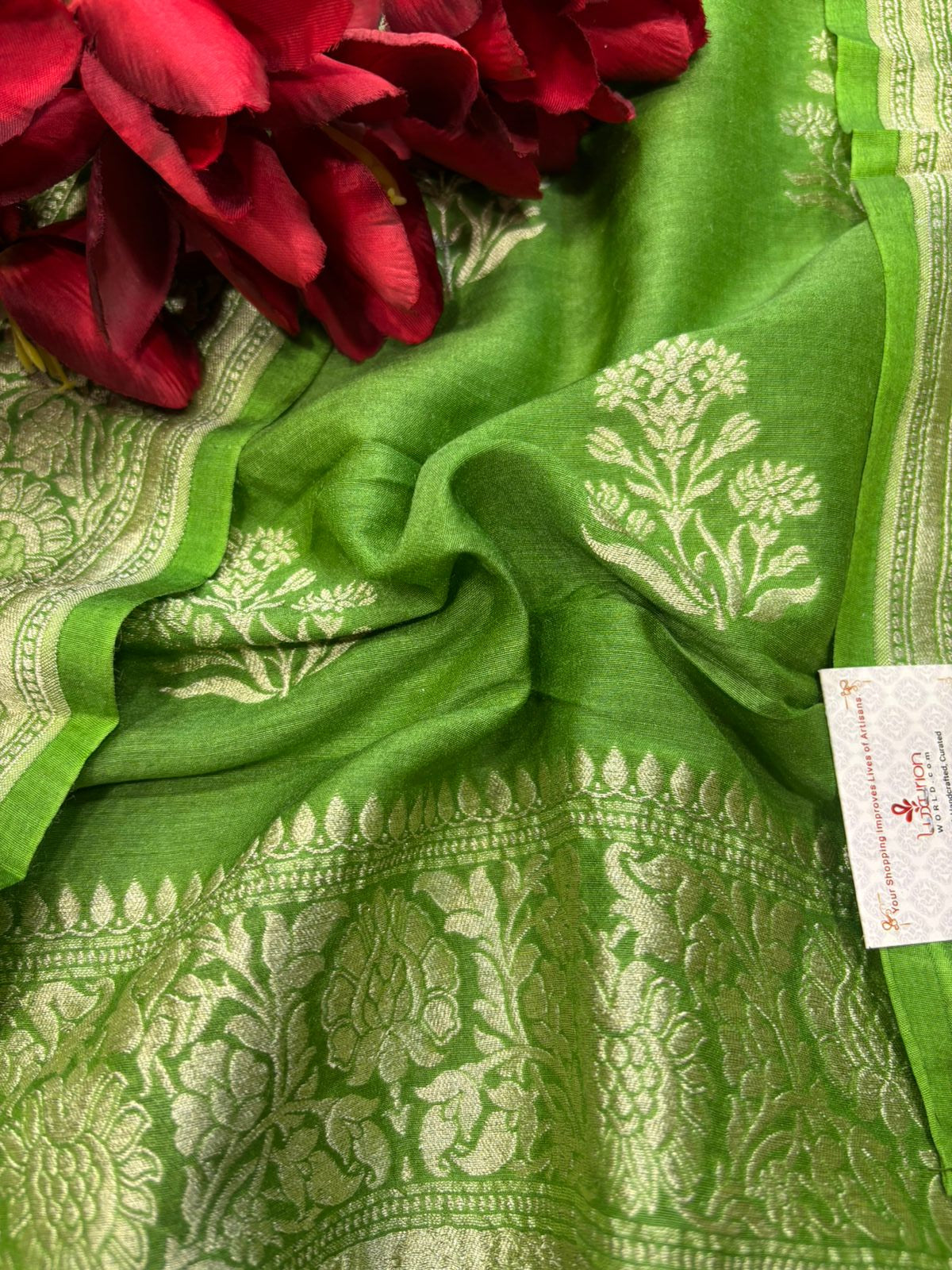 Green Banarasi Pure Moonga Silk Unstitched Three Piece Suit Set - Luxurion World