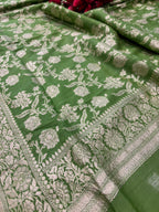 Green Banarasi Pure Moonga Silk Unstitched Three Piece Suit Set - Luxurion World
