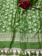 Green Banarasi Pure Moonga Silk Unstitched Three Piece Suit Set - Luxurion World