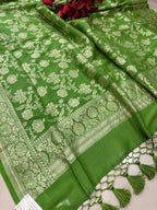 Green Banarasi Pure Moonga Silk Unstitched Three Piece Suit Set - Luxurion World