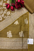 Mustard Yellow Banarasi Pure Moonga Silk Unstitched Three Piece Suit Set - Luxurion World