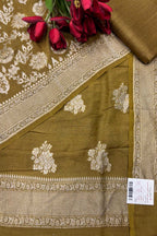 Mustard Yellow Banarasi Pure Moonga Silk Unstitched Three Piece Suit Set - Luxurion World