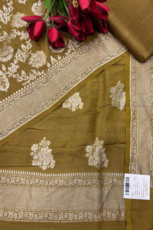 Mustard Yellow Banarasi Pure Moonga Silk Unstitched Three Piece Suit Set - Luxurion World