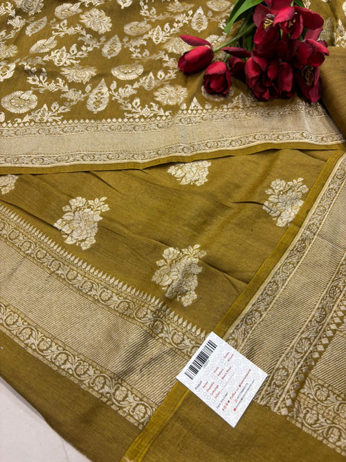 Mustard Yellow Banarasi Pure Moonga Silk Unstitched Three Piece Suit Set - Luxurion World