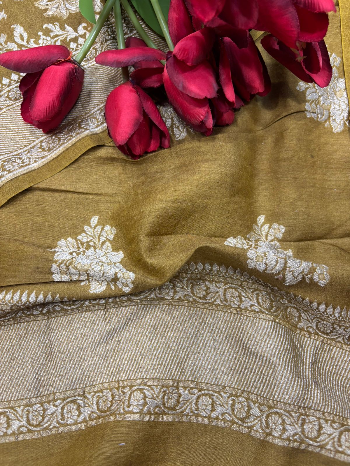 Mustard Yellow Banarasi Pure Moonga Silk Unstitched Three Piece Suit Set - Luxurion World