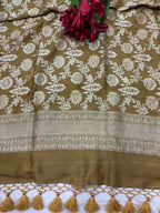Mustard Yellow Banarasi Pure Moonga Silk Unstitched Three Piece Suit Set - Luxurion World