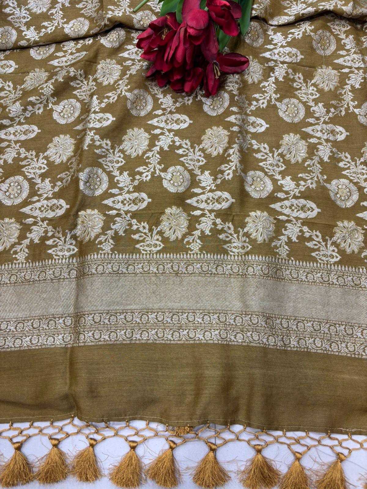 Mustard Yellow Banarasi Pure Moonga Silk Unstitched Three Piece Suit Set - Luxurion World