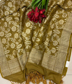 Mustard Yellow Banarasi Pure Moonga Silk Unstitched Three Piece Suit Set - Luxurion World