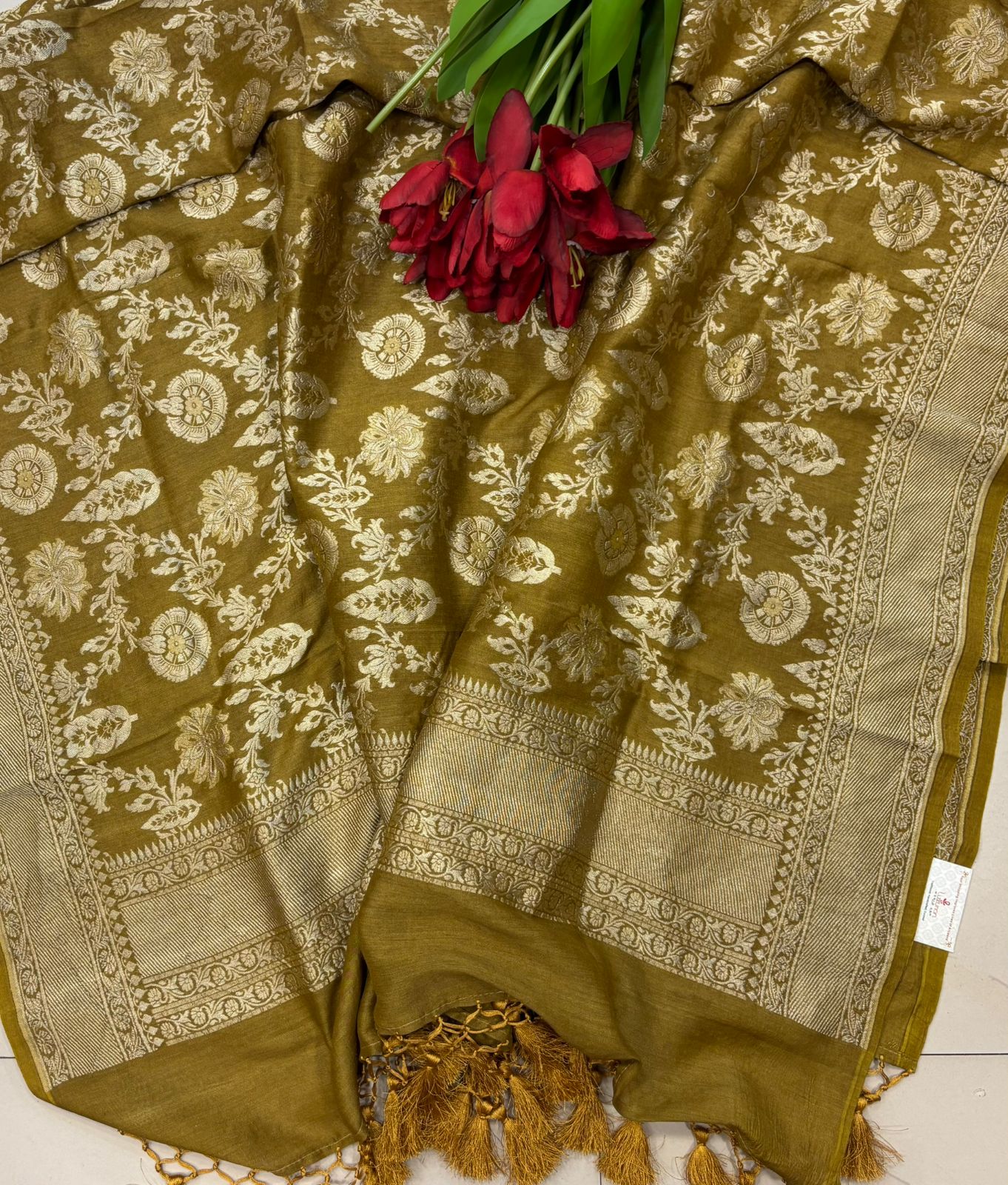 Mustard Yellow Banarasi Pure Moonga Silk Unstitched Three Piece Suit Set - Luxurion World