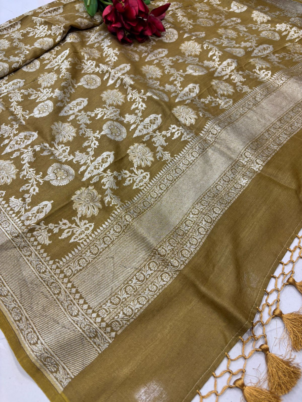 Mustard Yellow Banarasi Pure Moonga Silk Unstitched Three Piece Suit Set - Luxurion World