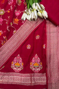 Red Banarasi Pure Moonga Silk Unstitched Three Piece Suit Set - Luxurion World