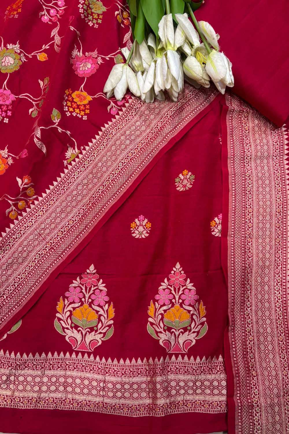 Red Banarasi Pure Moonga Silk Unstitched Three Piece Suit Set - Luxurion World