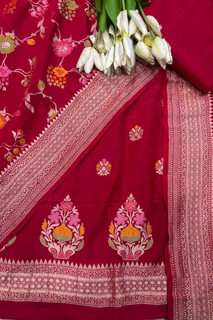 Red Banarasi Pure Moonga Silk Unstitched Three Piece Suit Set - Luxurion World