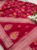 Red Banarasi Pure Moonga Silk Unstitched Three Piece Suit Set - Luxurion World