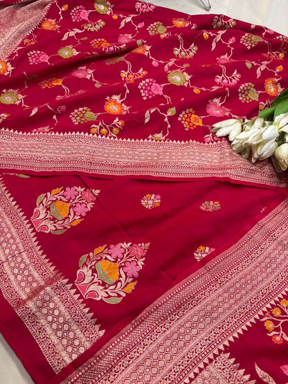 Red Banarasi Pure Moonga Silk Unstitched Three Piece Suit Set - Luxurion World