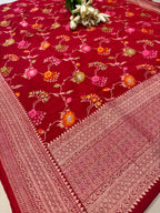 Red Banarasi Pure Moonga Silk Unstitched Three Piece Suit Set - Luxurion World
