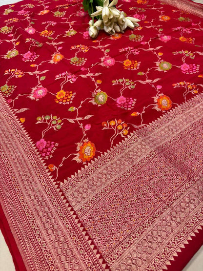 Red Banarasi Pure Moonga Silk Unstitched Three Piece Suit Set - Luxurion World