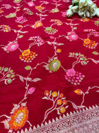 Red Banarasi Pure Moonga Silk Unstitched Three Piece Suit Set - Luxurion World