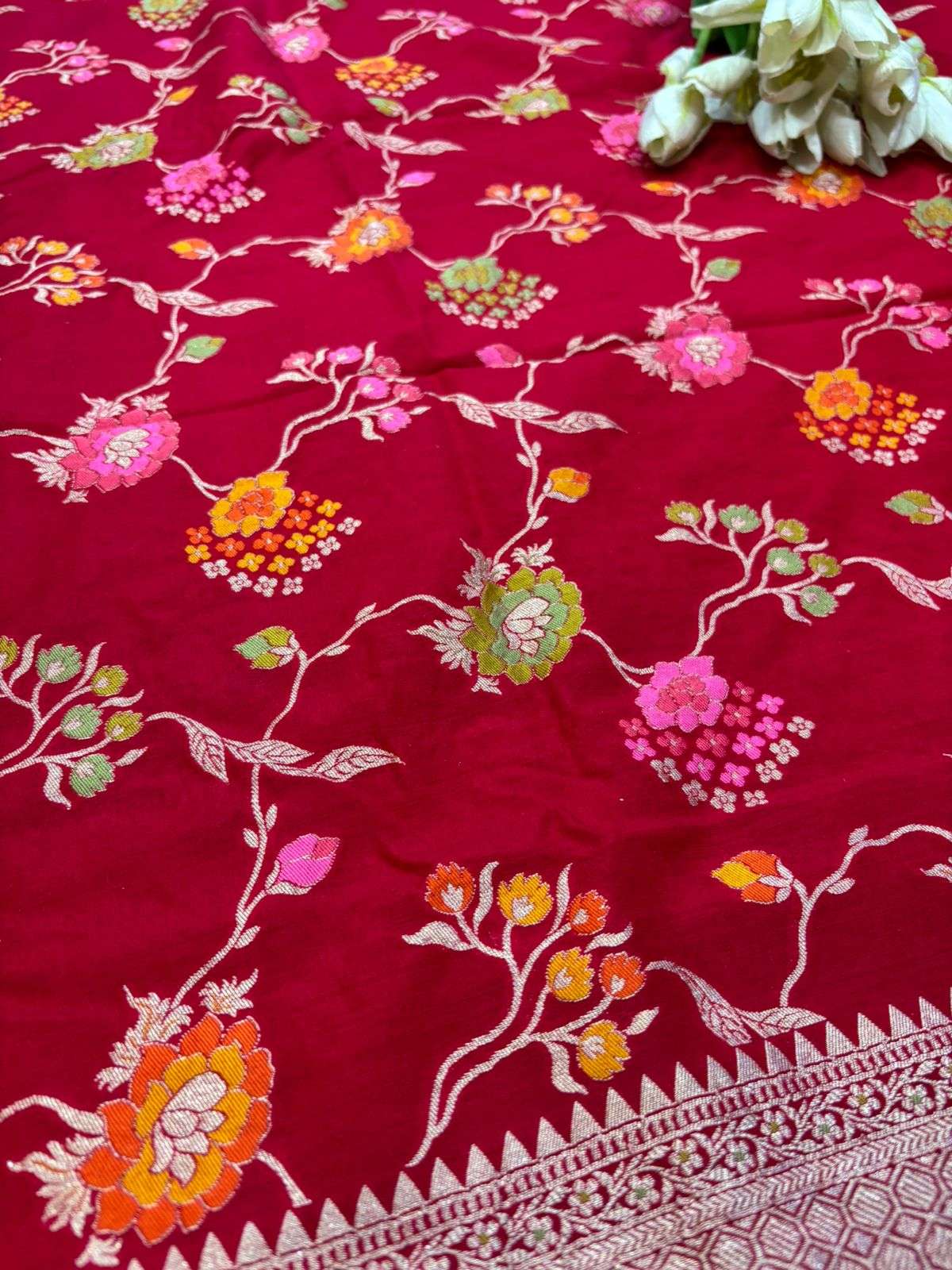 Red Banarasi Pure Moonga Silk Unstitched Three Piece Suit Set - Luxurion World