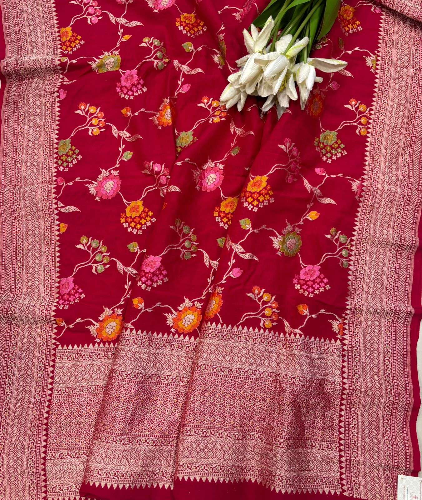 Red Banarasi Pure Moonga Silk Unstitched Three Piece Suit Set - Luxurion World