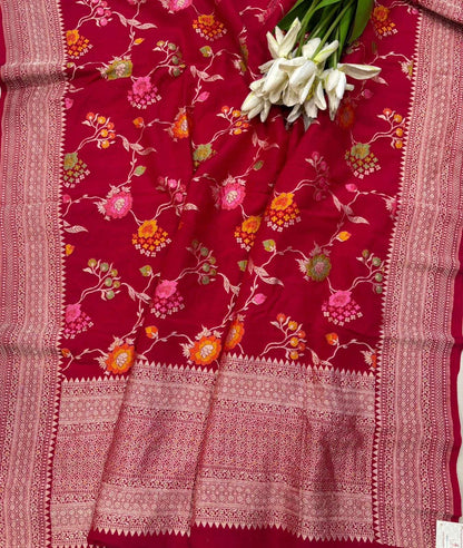 Red Banarasi Pure Moonga Silk Unstitched Three Piece Suit Set - Luxurion World