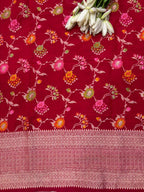 Red Banarasi Pure Moonga Silk Unstitched Three Piece Suit Set - Luxurion World