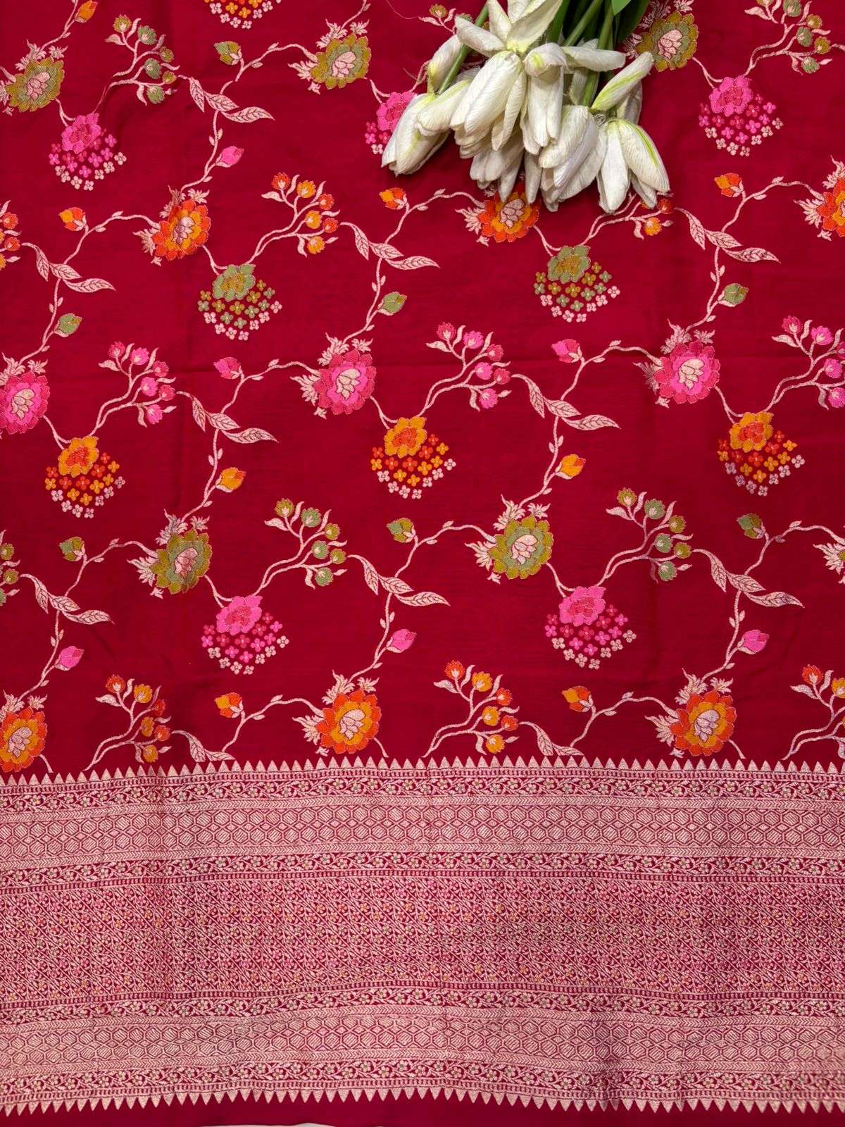 Red Banarasi Pure Moonga Silk Unstitched Three Piece Suit Set - Luxurion World