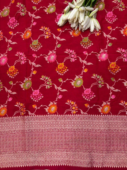 Red Banarasi Pure Moonga Silk Unstitched Three Piece Suit Set - Luxurion World