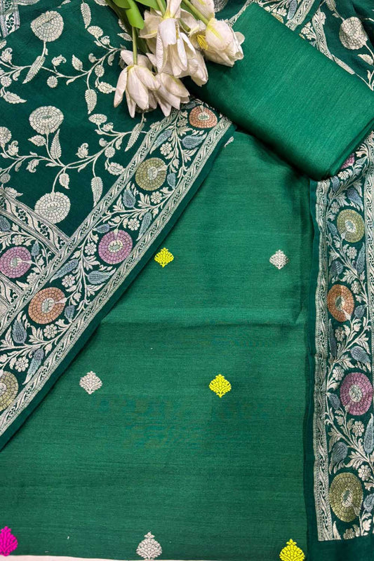 Green Banarasi Pure Moonga Silk Unstitched Three Piece Suit Set - Luxurion World