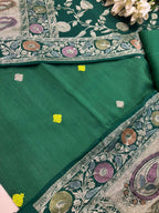 Green Banarasi Pure Moonga Silk Unstitched Three Piece Suit Set - Luxurion World