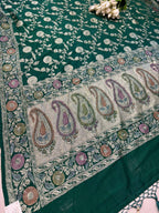 Green Banarasi Pure Moonga Silk Unstitched Three Piece Suit Set - Luxurion World