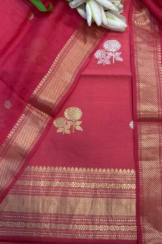 Stunning Pink Banarasi Pure Muslin Cotton Kadwa Sona Roopa Three Piece Suit Set - Luxurion World
