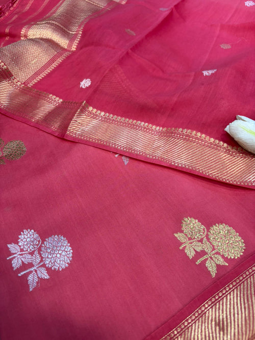 Stunning Pink Banarasi Pure Muslin Cotton Kadwa Sona Roopa Three Piece Suit Set - Luxurion World