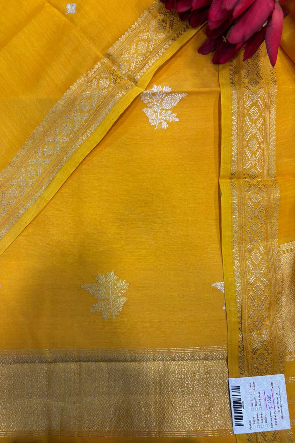 Yellow Banarasi Pure Muslin Cotton Kadwa Sona Roopa Three Piece Suit Set - Luxurion World