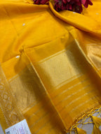 Yellow Banarasi Pure Muslin Cotton Kadwa Sona Roopa Three Piece Suit Set - Luxurion World