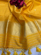 Yellow Banarasi Pure Muslin Cotton Kadwa Sona Roopa Three Piece Suit Set - Luxurion World